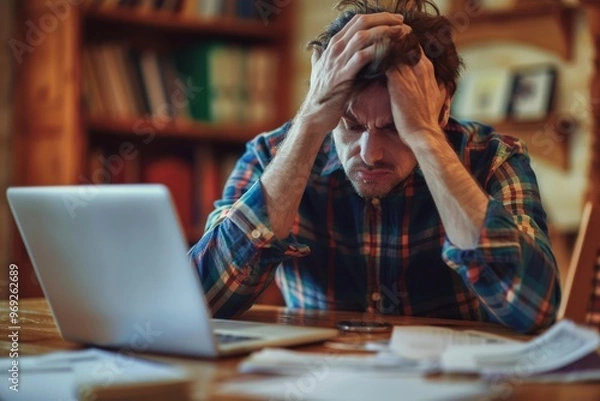 Obraz a man sitting at a desk, holding his head in his hands with a stressed expression