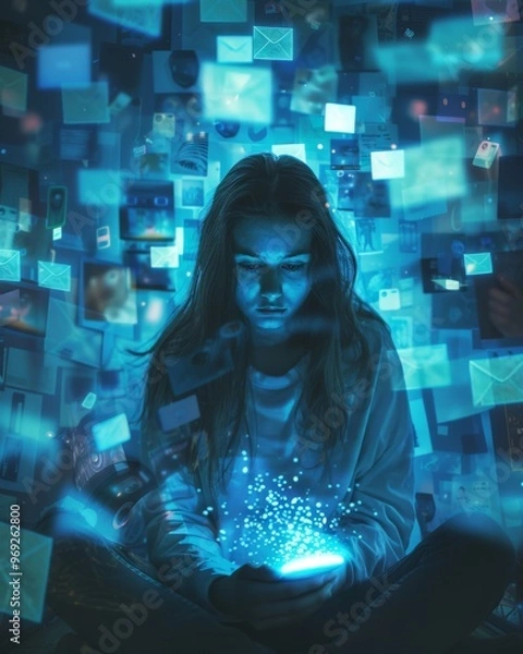 Obraz a young woman sitting in a dark room, surrounded by multiple screens emitting a blue glow