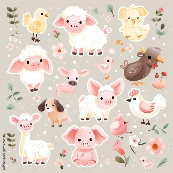 Obraz A sticker sheet with farm animal babies
