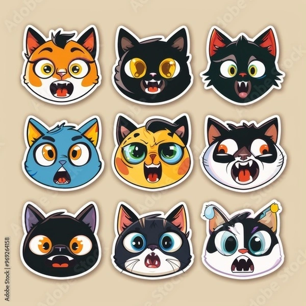 Obraz A sticker sheet showcasing cats with different facial expressions
