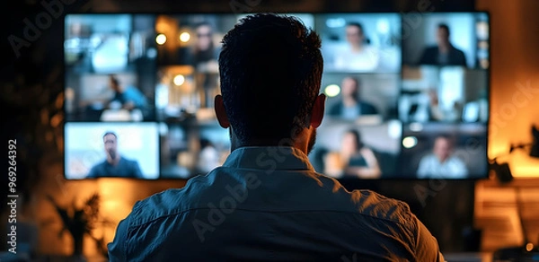 Fototapeta A professional man attends a virtual meeting, engaging with multiple participants displayed on a large screen in a modern workspace.