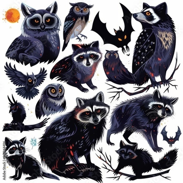 Obraz A sticker sheet featuring nocturnal animals like owls, bats, raccoons, and wolves