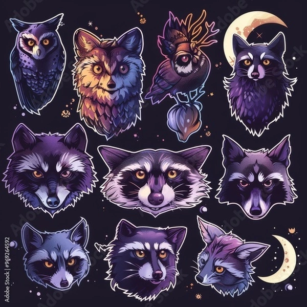 Obraz A sticker sheet featuring nocturnal animals like owls, bats, raccoons, and wolves