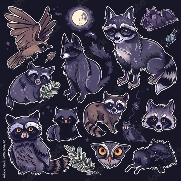 Obraz A sticker sheet featuring nocturnal animals like owls, bats, raccoons, and wolves
