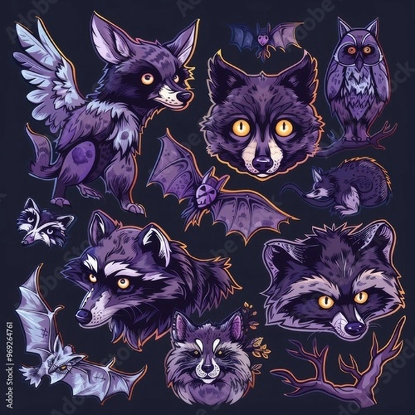 Obraz A sticker sheet featuring nocturnal animals like owls, bats, raccoons, and wolves