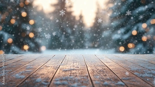 Fototapeta A wooden plank floor dusted with snowflakes, illuminated by soft bokeh lights and framed by distant pine trees.