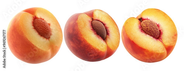 Obraz Three fresh halved peaches on transparent background