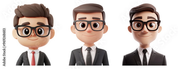 Fototapeta Three cartoon businessmen in suits and glasses on transparent background