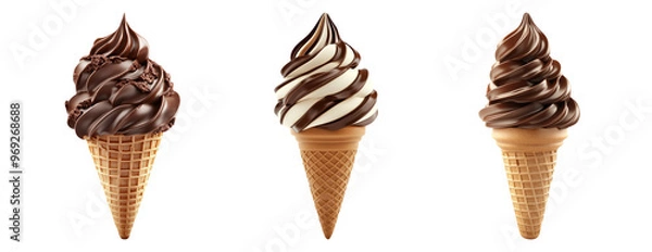 Fototapeta Collection of three delicious chocolate and vanilla swirl ice cream cones on transparent background