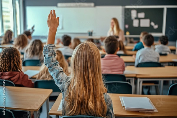 Fototapeta Children at school. Children in a Classroom Raising Hands for Participation During Lesson - Engaged Children Learning with Female Teacher, Diverse Group of Students in Educational Environment