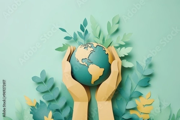 Obraz Eco-Friendly Paper Cut Hands Holding Globe with Sprouting Leaves - Global Climate Action and Earth Care Concept