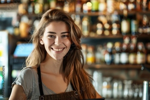 Fototapeta A woman stands with a smile in front of a bar, possibly enjoying an evening out or socializing with friends
