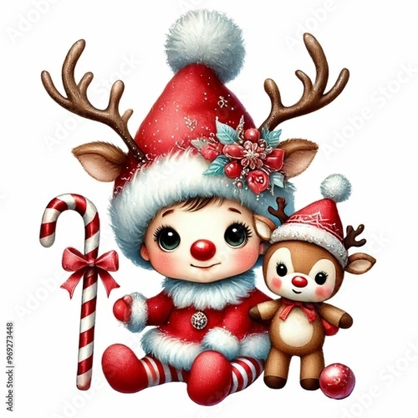 Fototapeta cute and adorable baby gnome in a reindeer costume, holding a candy cane and a reindeer doll, with a sparkling hat