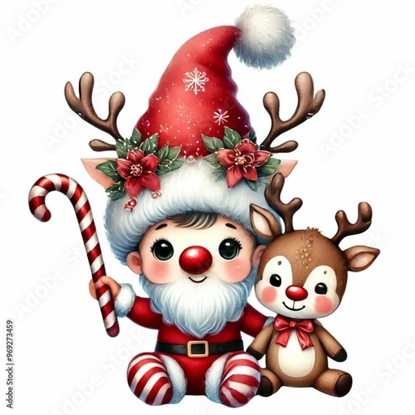 Fototapeta cute and adorable baby gnome in a reindeer costume, holding a candy cane and a reindeer doll, with a sparkling hat