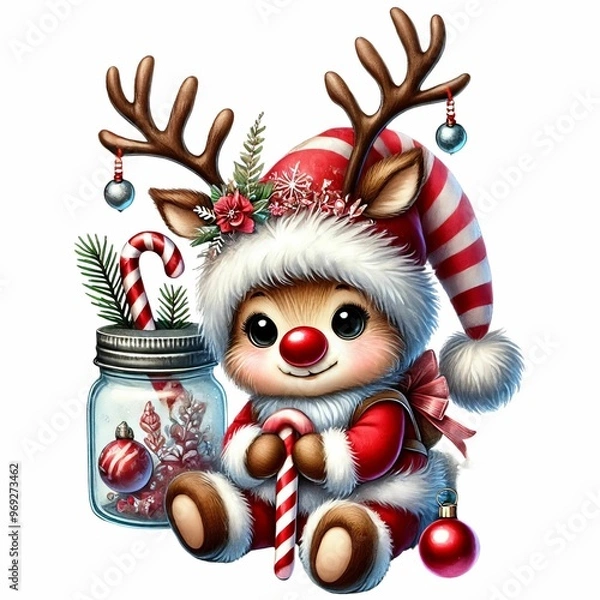 Fototapeta adorable baby gnome in a reindeer costume, holding a candy cane and a glass jar, with a sparkling hat
