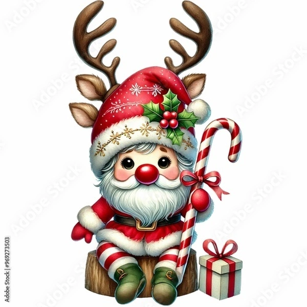 Fototapeta adorable baby gnome in a reindeer costume with a candy cane, present, and sparkling hat