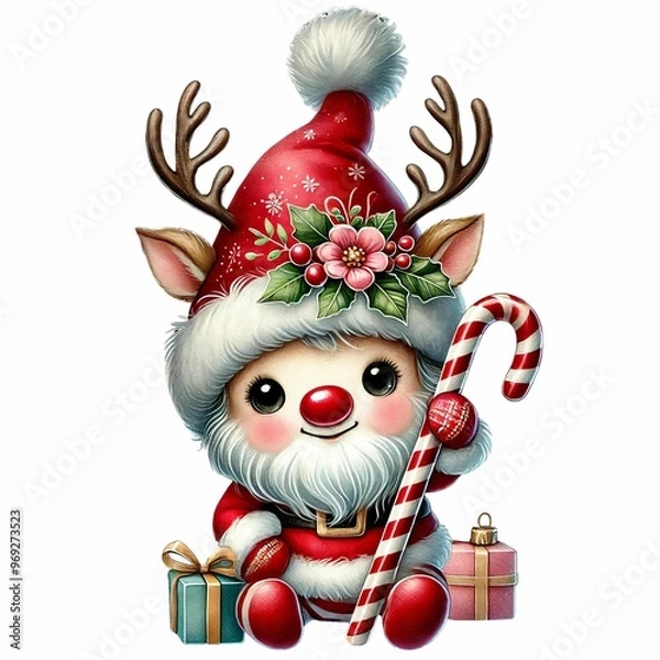 Fototapeta cute and adorable baby gnome in a reindeer costume with antlers, a red nose, a candy cane, and a sparkling hat