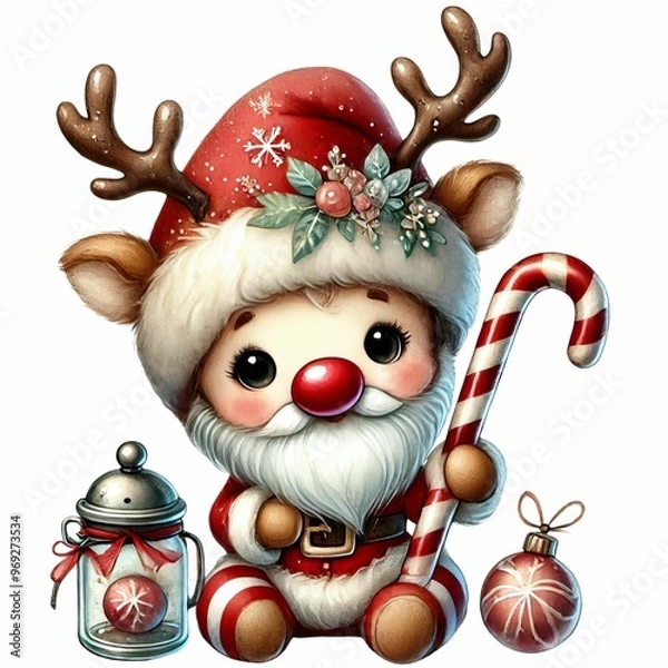 Fototapeta adorable baby gnome in a reindeer costume, holding a candy cane and a glass jar, with a sparkling hat