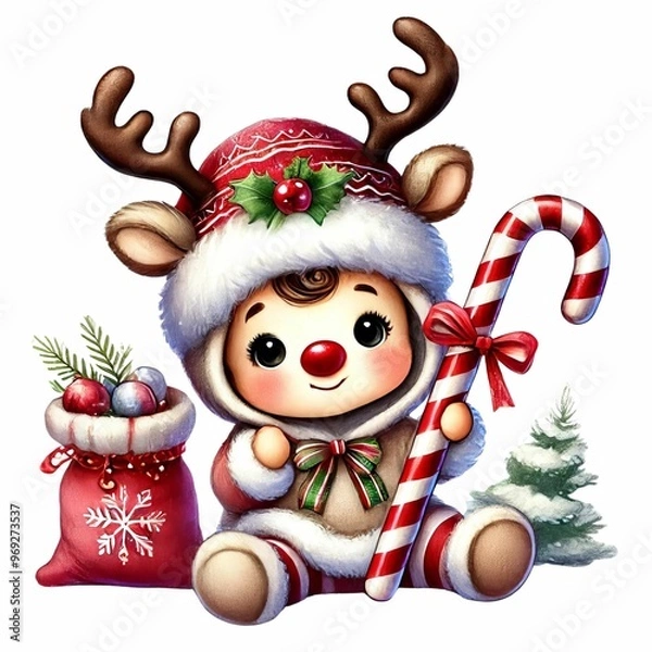 Fototapeta adorable baby gnome in a reindeer costume, holding a candy cane and a Christmas stocking, with a sparkling hat