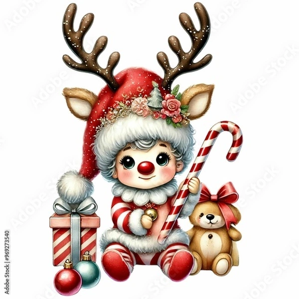 Fototapeta  adorable baby gnome in a reindeer costume, holding a candy cane and a Santa doll, with a sparkling hat