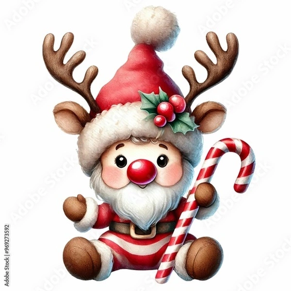 Fototapeta cute and adorable baby gnome in a reindeer costume with antlers, a red nose, a candy cane, and a sparkling hat