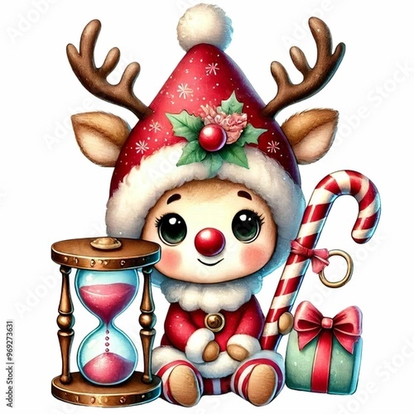Fototapeta adorable baby gnome in a reindeer costume, holding a candy cane and an hourglass, with a sparkling hat