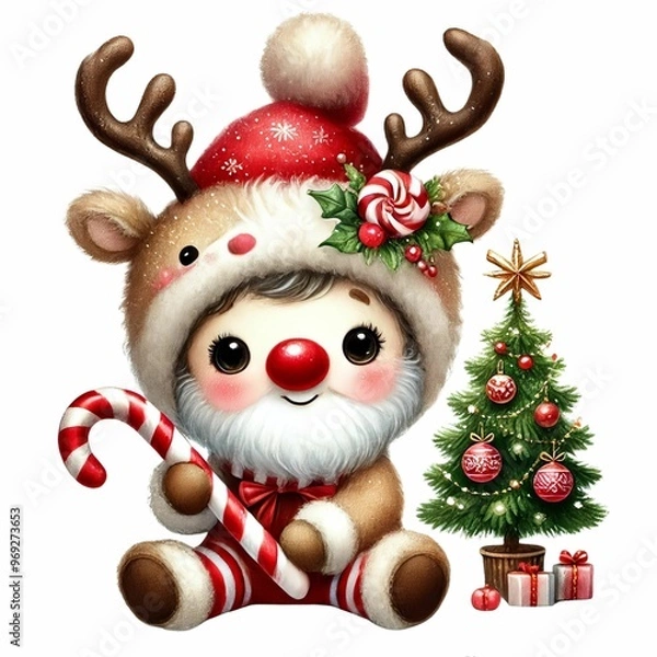 Fototapeta adorable baby gnome in a reindeer costume, holding a candy cane and a small Christmas tree, with a sparkling hat