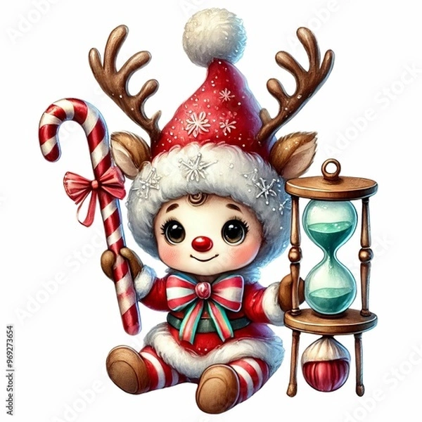 Fototapeta adorable baby gnome in a reindeer costume, holding a candy cane and an hourglass, with a sparkling hat