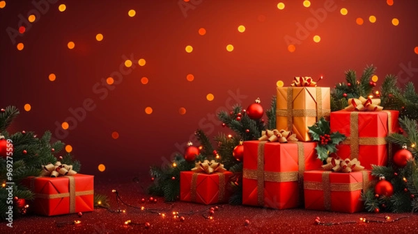 Fototapeta Christmas poster background with christmas tree and decorations, festive image with holiday mood