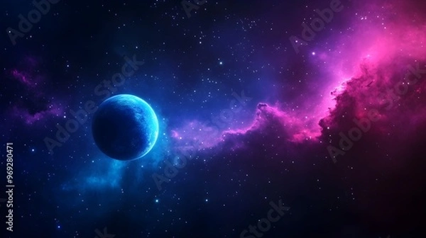 Fototapeta Floating smooth planets in deep space, glowing with soft light, surrounded by cosmic clouds in hues of blue, purple, and pink, serene and otherworldly