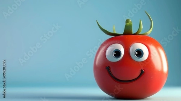 Obraz Happy Tomato with Big Eyes Smiling on Blue Background