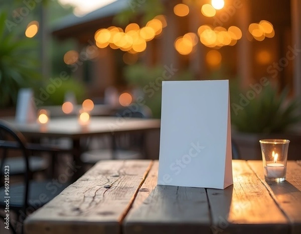 Fototapeta Mock Up of a Table Tent Menu Card on a Stylish Cafe Bar Background with Blurred Details for Branding