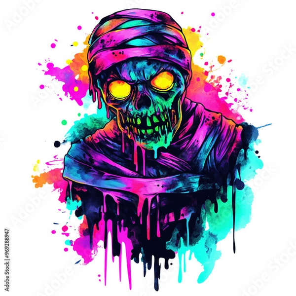 Fototapeta A mummy with glowing neon bandages and dripping slime