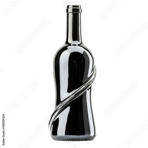 Fototapeta Elegant black wine bottle with unique spiral design on white background, perfect for modern packaging or luxury beverage branding concepts.