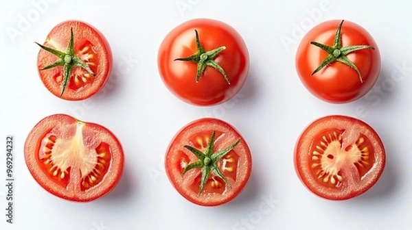 Obraz Whole and halved fresh tomatoes on white background