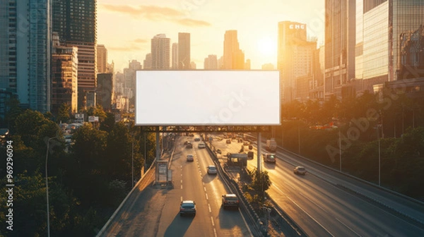 Fototapeta Empty urban billboard at sunset, located above a bustling city highway with skyscrapers in the background, perfect for advertising space.