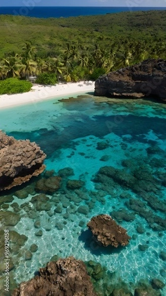Fototapeta Aerial View of a Pristine Caribbean Coastline with Crystal Clear Turquoise Waters, White Sandy Beach, and Lush Greenery – iPhone Wallpaper