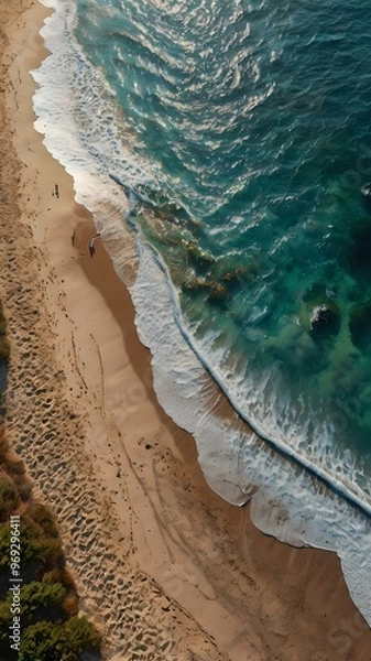 Fototapeta Aerial View of a Serene Mediterranean Beach with Crystal Clear Waters, Cliffs, and Vibrant Umbrellas – iPhone Wallpaper 