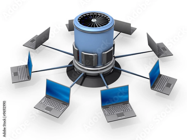 Obraz An isolated notebooks connected to server on white background