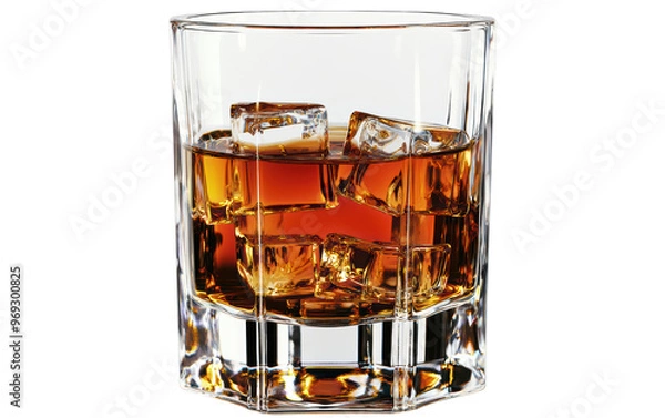 Fototapeta A crystal-clear glass filled with rich, amber-colored whiskey and ice cubes against a white background. Perfect for beverage or bar-related content.