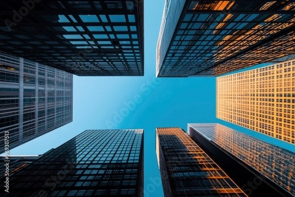 Fototapeta Looking Up modern high-rise office buildings with blue sky in the background with generative ai