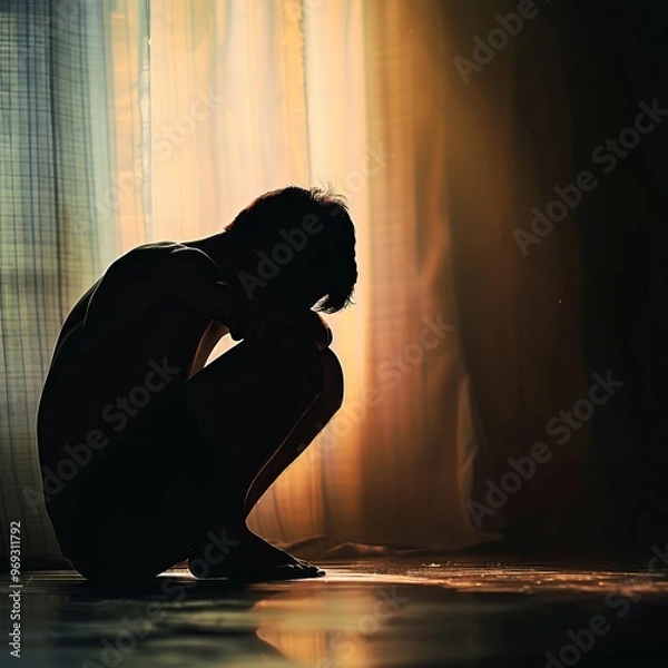 Fototapeta Silhouette of a Man Sitting in a Room by a Window