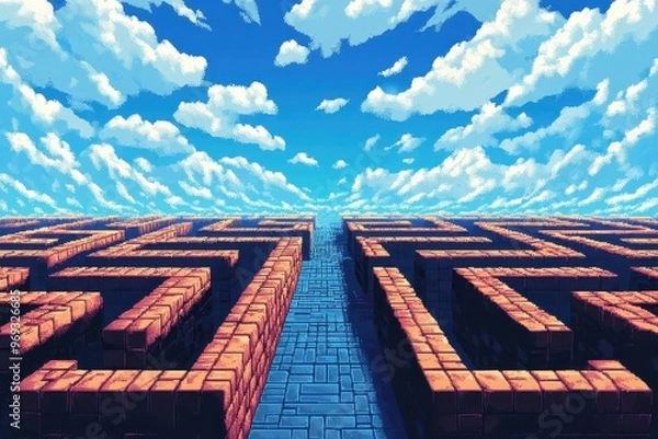 Obraz Retro 8-bit Pixelated Arcade Maze with Empty Path for Copy Space