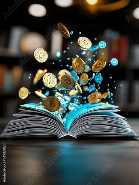 Fototapeta An open book emits glowing coins and blue droplets, symbolizing the fusion of knowledge and cryptocurrency in a modern setting.