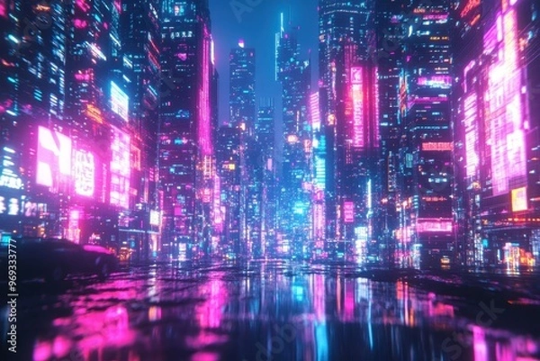 Fototapeta Glitchy Neon Dreams - Retro Cyberpunk Cityscape with Empty Sky for Text Space