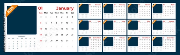 Fototapeta Calendar 2025 starts from Sunday. Minimalist, Clean, Simple and Modern Design. 12 pages Calendar