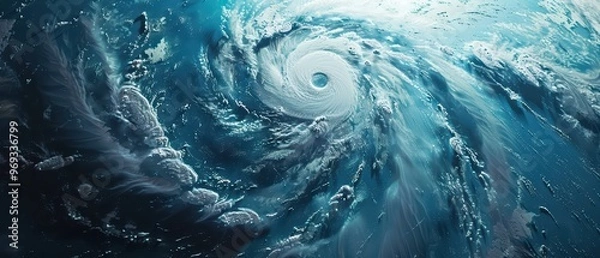 Obraz A stunning overhead view of a powerful hurricane swirling in vibrant blue waters, showcasing nature's raw beauty and force.