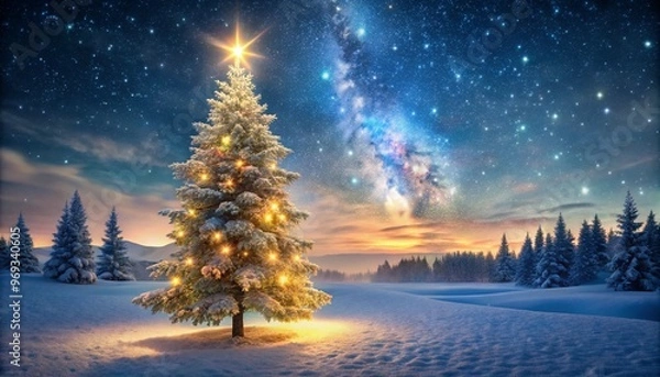 Fototapeta A beautifully decorated christmas tree stands tall in a snowy winter landscape under a clear starry night sky the tree is adorned with glowing warm lights and topped with a shining star.