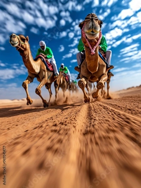Fototapeta Dynamic scene of racing camels in vibrant colors, capturing the excitement of traditional desert culture and athleticism.