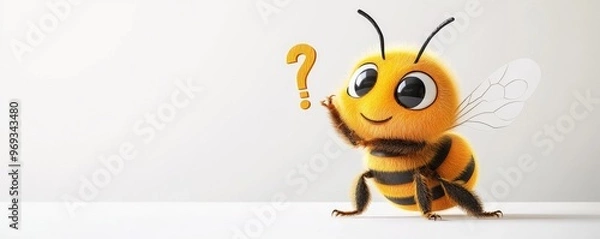 Obraz Cheerful Bee Mascot Holding Question Mark in Cartoon Style on White Background - 2D Illustration Concept with Copy Space